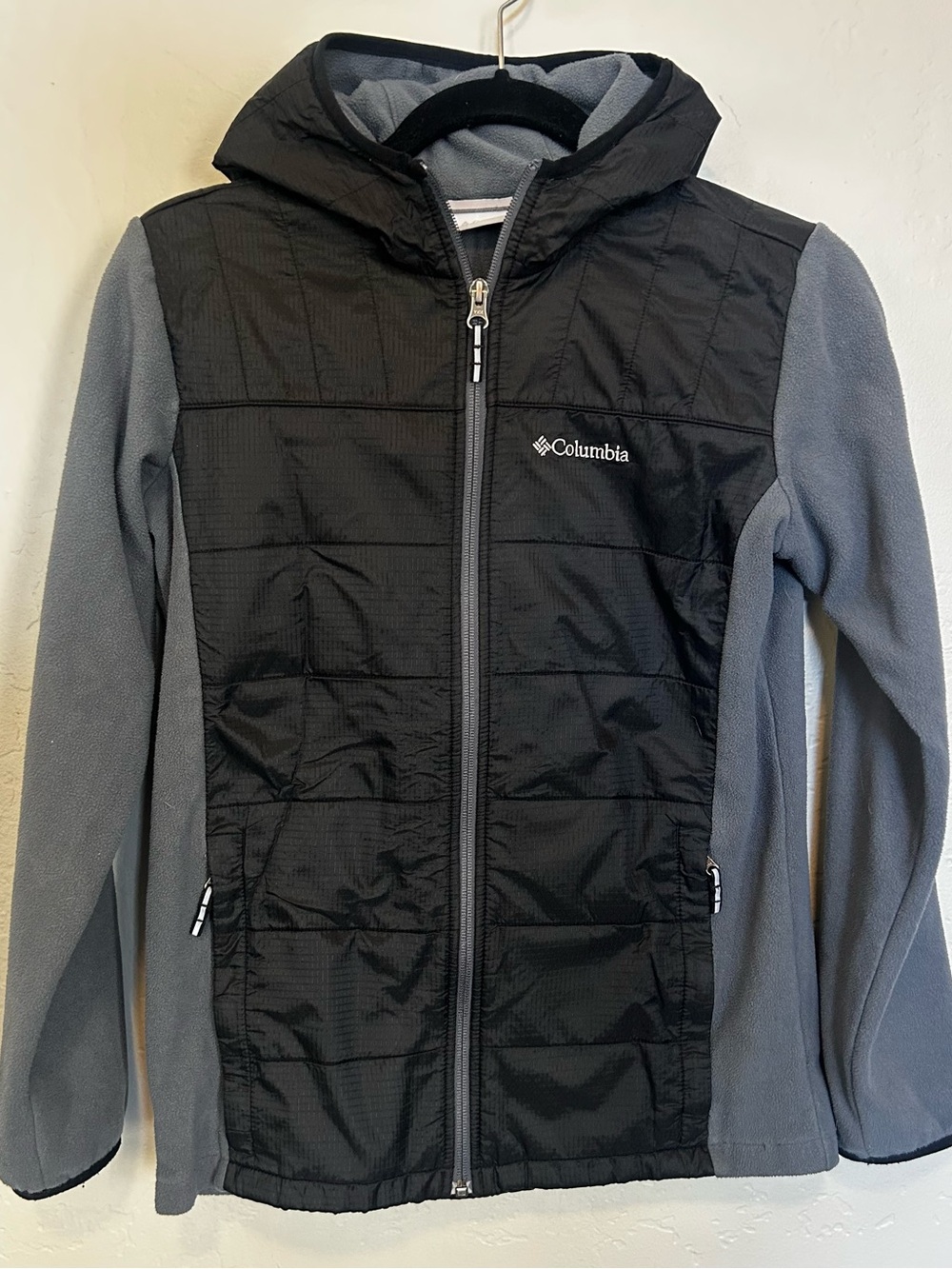 Columbia Youth Large 14/16 Hooded Fleece Jacket Black Gray Full Zip